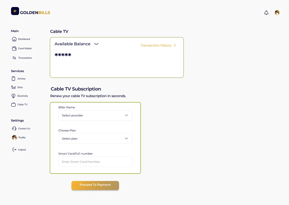 Golden Bills Cable TV payment screen