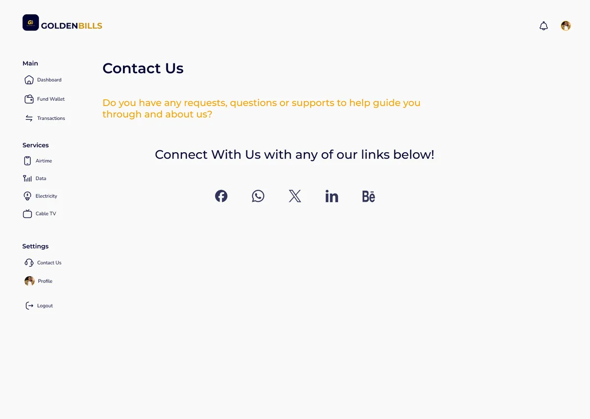 Golden Bills Support screen