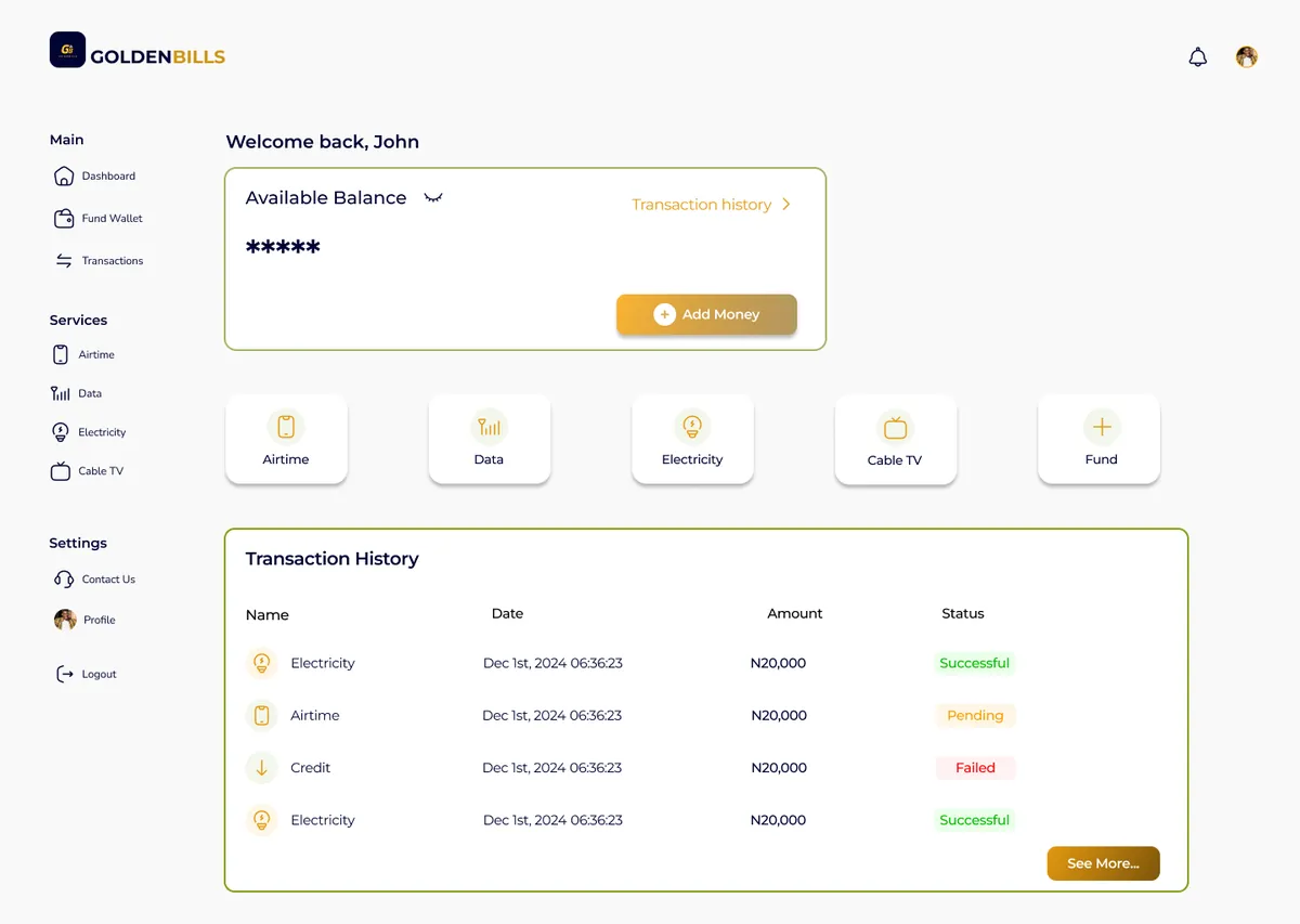 Golden Bills interface design