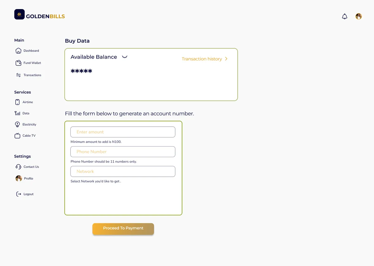 Golden Bills Mobile data payment screen