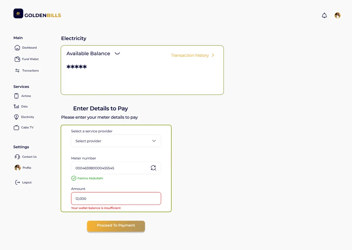 Golden Bills Electricity payment screen
