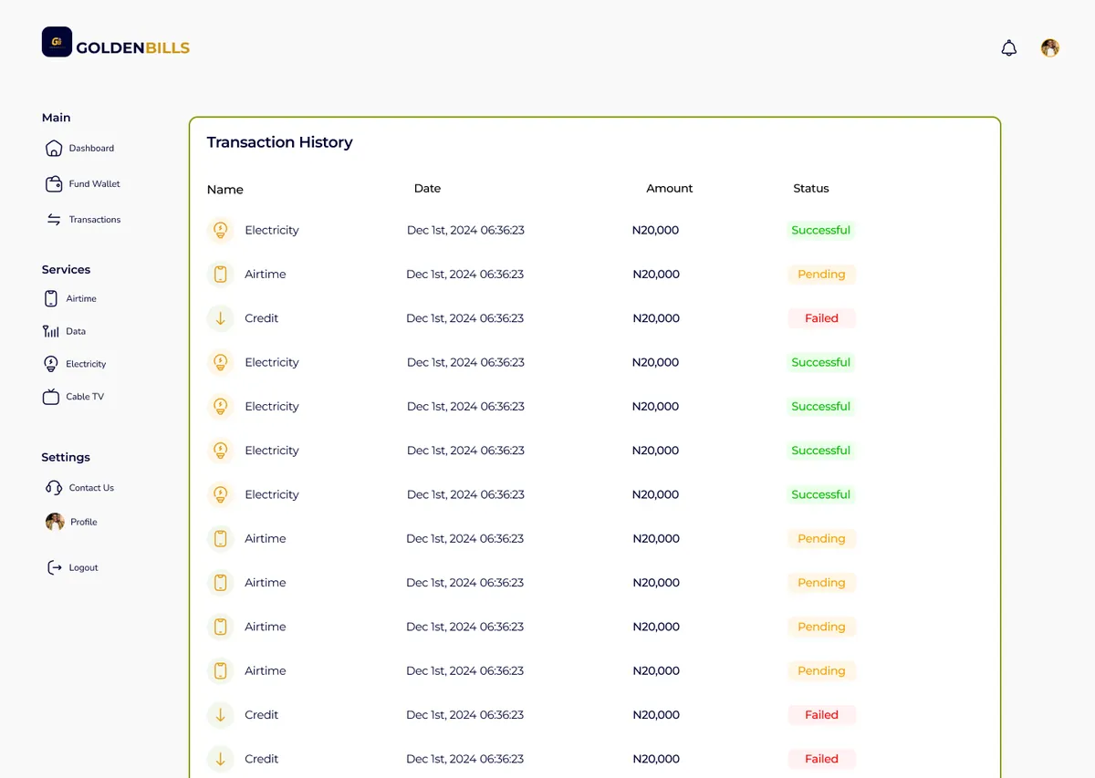 Golden Bills transaction history