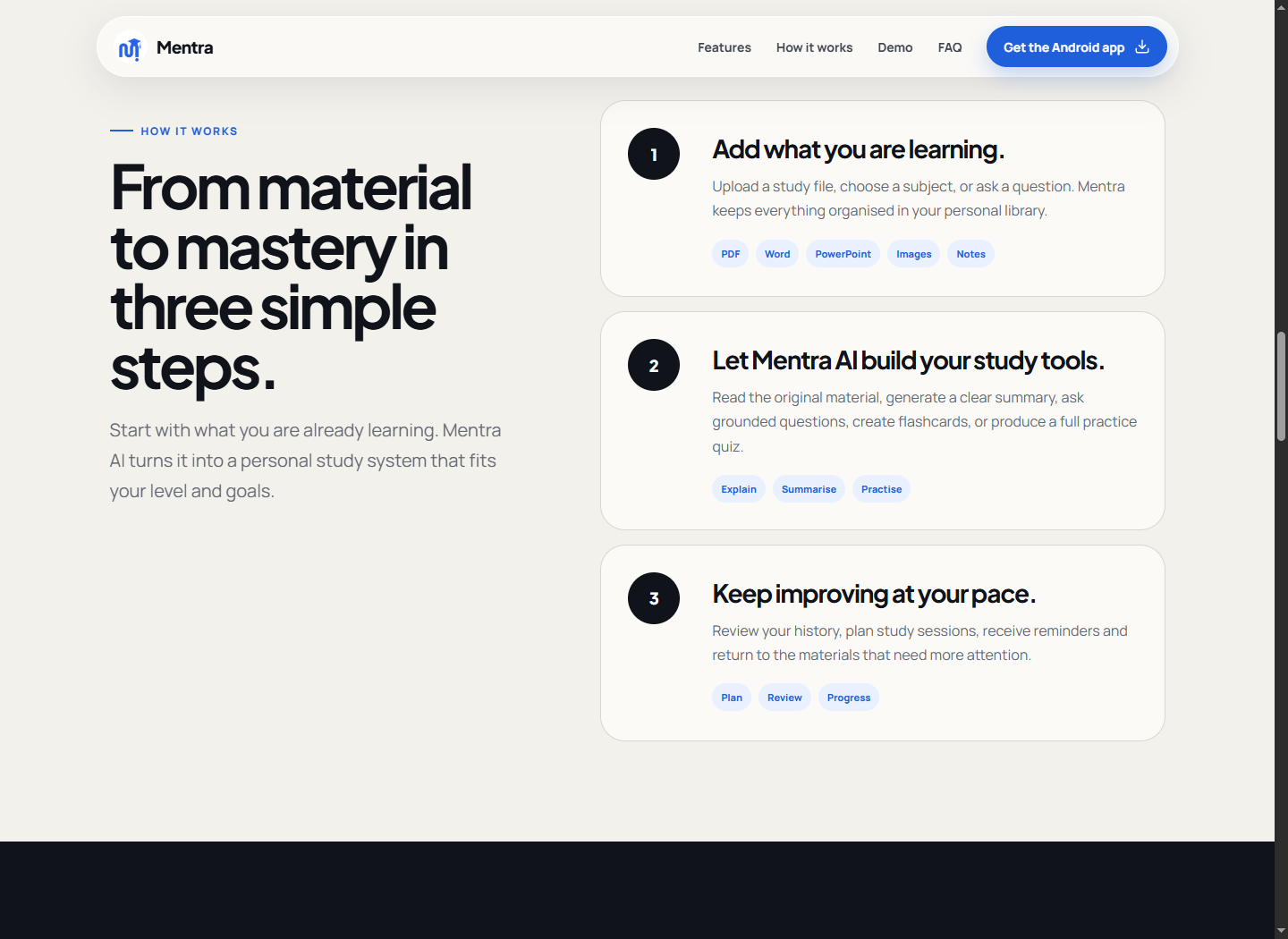 Mentra material-to-mastery workflow